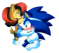 Size: 703x629 | Tagged: safe, artist:risziarts, sally acorn, sonic the hedgehog, chipmunk, hedgehog, 2019, bandage, blank background, blushing, duo, female, kiss, kiss on head, male, redraw, sally x sonic, sally's ringblader outfit, shipping, sitting, standing, straight, wound