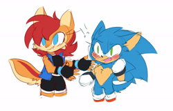 Size: 1920x1239 | Tagged: safe, artist:syrcaii, sally acorn, sonic the hedgehog, oc, oc:maurice the hedgehog (syrcaii), chipmunk, hedgehog, 2022, alternate universe, au:resonance, blushing, duo, exclamation mark, female, looking offscreen, nonbinary, sally x sonic, sally's ringblader outfit, shipping, shocked, simple background, white background