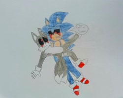 Size: 2048x1641 | Tagged: safe, artist:infomous animations, miles "tails" prower, sonic the hedgehog, oc, oc:sonic.exe, oc:tails.exe, 2022, black sclera, bleeding, bleeding from eyes, blood, carrying them, dialogue, duo, english text, gay, looking at each other, shipping, sonic x tails, sonic.exe x tails.exe, speech bubble, talking, text, traditional media