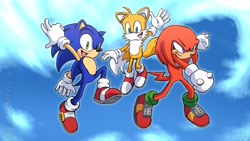 Size: 1920x1080 | Tagged: safe, artist:kadecathog_arts, knuckles the echidna, miles "tails" prower, sonic the hedgehog, echidna, fox, hedgehog, sonic heroes, 2025, daytime, jumping, male, simple background, trio