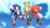 Size: 1920x1080 | Tagged: safe, artist:kadecathog_arts, knuckles the echidna, miles "tails" prower, sonic the hedgehog, echidna, fox, hedgehog, sonic heroes, 2025, clouds, daytime, fist, jumping, looking at viewer, looking offscreen, male, mouth open, open smile, sky background, smile, smiling at viewer, trio, watermark, waving, waving at viewer