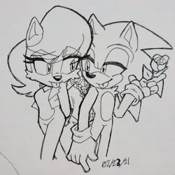 Size: 2048x2048 | Tagged: safe, artist:tracingpapier, sally acorn, sonic the hedgehog, chipmunk, hedgehog, 2021, duo, female, flower, looking at each other, male, sally x sonic, sally's vest and boots, shipping, straight, tongue out, traditional media