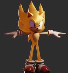 Size: 889x956 | Tagged: safe, artist:flyshyva, sonic the hedgehog, super sonic, hedgehog, 2026, 3d, alternate version, grey background, looking offscreen, male, simple background, solo, standing, super form, t-pose