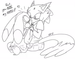 Size: 1280x1007 | Tagged: safe, artist:rinn-kun, blaze the cat, cream the rabbit, cat, rabbit, 2012, aged up, alternate outfit, bleam, blushing, crying, dialogue, duo, english text, female, holding hands, jeans, kiss, lesbian, line art, monochrome, shipping, shirt, simple background, surprise kiss, surprised, tears, text, white background