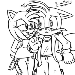 Size: 800x800 | Tagged: safe, artist:rinn-kun, amy rose, miles "tails" prower, fox, hedgehog, fanfic:chaos diamonds 3, 2010, alternate outfit, belt, black and white, blushing, cargo pants, cleavage, clothes, duo, fanfiction art, female, floppy ears, heart, jacket, line art, looking at each other, male, monochrome, pants, shipping, shirt, signature, smile, standing, straight, surprised, tailamy, tank top