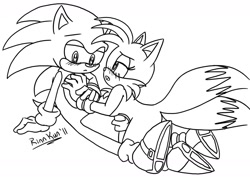 Size: 1280x906 | Tagged: safe, artist:rinn-kun, miles "tails" prower, sonic the hedgehog, fox, hedgehog, 2011, all fours, black and white, blushing, duo, eyelashes, female, frown, gender swap, half r63 shipping, hand on chest, lidded eyes, line art, looking at each other, male, monochrome, mouth open, shipping, signature, simple background, sitting, sonic x tails, straight, treads, white background