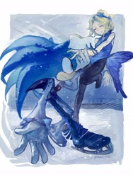 Size: 1537x2048 | Tagged: safe, artist:shuijingsdd, maria robotnik, sonic the hedgehog, human, 2026, alternate outfit, alternate shoes, border, duo, eyes closed, holding hands, ice, ice skates, ice skating, looking at them, maria x sonic, shipping, smile, straight