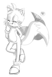 Size: 1190x1750 | Tagged: safe, artist:la_gata_golosa_, miles "tails" prower, 2019, eyes closed, heart, monochrome, simple background, smile, solo, standing, standing on one leg, sweatdrop, white background