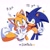 Size: 2000x2000 | Tagged: safe, artist:la_gata_golosa_, miles "tails" prower, sonic the hedgehog, 2025, age difference, arrow, blushing, duo, gay, heart, heart tail, looking at viewer, ship name, shipping, simple background, smile, sonic x tails, standing, v sign, waving, white background