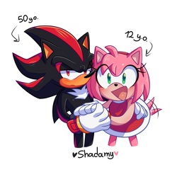 Size: 2000x2000 | Tagged: safe, artist:la_gata_golosa_, amy rose, shadow the hedgehog, 2025, age difference, amy x shadow, arrow, duo, frown, heart, holding hands, lidded eyes, looking at viewer, pedophilia, ship name, shipping, smile, standing, straight, text, wagging tail