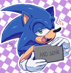 Size: 600x611 | Tagged: safe, artist:la_gata_golosa_, sonic the hedgehog, 2023, barbie mugshot meme, holding something, lidded eyes, looking at viewer, meme, mouth open, mugshot, open smile, outline, signature, smile, smiling at viewer, solo, sparkles, white outline, wink, winking at viewer