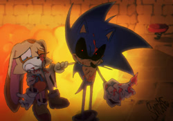 Size: 1280x897 | Tagged: semi-grimdark, artist:totallynotsmoke, cream the rabbit, sonic the hedgehog, oc, oc:sonic.exe, 2023, abstract background, abuse, backlighting, black sclera, bleeding, bleeding from mouth, blood, claws, cream abuse, crying, duo, explosion, holding another's neck, holding them, injured, nightmare fuel, one eye closed, pointing, shrunken pupils, signature, smile, sonic.exe: the disaster, spring, standing, tears