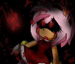 Size: 557x481 | Tagged: semi-grimdark, artist:xmissfabulousx, amy rose, oc, oc:amy.exe, 2013, black sclera, bleeding, bleeding from eyes, blood, blood splatter, dialogue, english text, looking offscreen, mouth open, sad, text