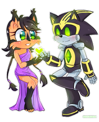Size: 567x700 | Tagged: safe, artist:nacchan96, nicole the hololynx, shard the metal, lynx, 2017, blank background, blushing, duo, female, heart, male, robot, shipping, smile, straight