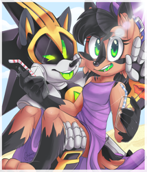 Size: 1200x1400 | Tagged: safe, artist:galaxynite, nicole the hololynx, shard the metal, lynx, 2016, alternate outfit, daytime, drink, drinking glasses, duo, female, happy, hat, heart, holding something, looking at viewer, male, nicole x shard, pose, robot, selfie, shipping, smile, straight, summer, tongue out, v sign