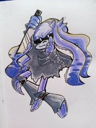 Size: 1536x2048 | Tagged: safe, artist:clownartnie, mimic the octopus, 2021, black sclera, holding something, knife, lidded eyes, looking at viewer, pointing, smile, solo, sonictober, sonictober 2021, traditional media