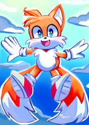 Size: 2048x2897 | Tagged: safe, artist:miuchat_cat, miles "tails" prower, 2021, arms out, blushing, clouds, cute, gradient background, mid-air, mouth open, one fang, smile, solo, tailabetes