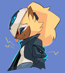 Size: 1048x1171 | Tagged: safe, artist:mina404, whisper the wolf, 2021, blue background, eyes closed, one fang, side view, simple background, smile, solo, standing