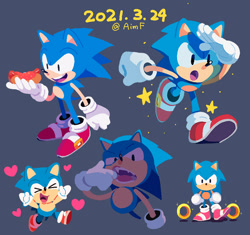 Size: 1000x940 | Tagged: safe, artist:aimf0324, sonic the hedgehog, hedgehog, 2021, black background, chili dog, cute, fangs, food, heart, looking at viewer, looking offscreen, male, mouth open, no outlines, ring, running, simple background, smile, solo, sonabetes, star (symbol), treads