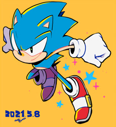 Size: 900x984 | Tagged: safe, artist:aimf0324, sonic the hedgehog, 2021, arms out, classic sonic, clenched fists, eyestrain, looking offscreen, signature, simple background, smile, solo, sparkles, star (symbol), yellow background