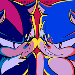 Size: 900x900 | Tagged: safe, artist:aimf0324, shadow the hedgehog, sonic the hedgehog, 2021, cheek squish, cheek to cheek, close-up, duo, frown, icon, looking at each other, red background, signature, simple background, smile