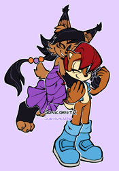 Size: 1485x2124 | Tagged: safe, artist:survivalstep, nicole the hololynx, sally acorn, 2021, duo, flying, hugging, hugging from behind, lesbian, mid-air, nicole x sally, purple background, shipping, simple background, smile, standing
