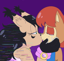 Size: 1280x1209 | Tagged: safe, artist:sonicdrift2, nicole the hololynx, sally acorn, 2018, crying, digital static, duo, eyes closed, glitch, kiss, lesbian, lidded eyes, looking at them, nicole x sally, purple background, shipping, simple background, tears, tears of happiness