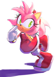 Size: 861x1207 | Tagged: safe, artist:mi-itara, amy rose, hedgehog, 2018, amybetes, cheek poke, cheek squish, cute, female, hand behind back, leaning, leaning forward, looking at viewer, shadow (lighting), simple background, smile, solo, standing, standing on one leg, white background