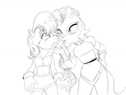 Size: 1280x961 | Tagged: safe, artist:amy-rose-is-magic, lupe the wolf, sally acorn, 2018, duo, finger under chin, lesbian, line art, looking at each other, lupe x sally, monochrome, shipping, simple background, standing, white background