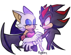 Size: 1280x996 | Tagged: safe, artist:pinkiteru, rouge the bat, shadow the hedgehog, ..., 2018, bandage, duo, frown, holding arm, injured, lidded eyes, looking at each other, rouge is not amused, signature, simple background, standing, unamused, white background