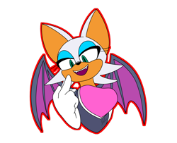 Size: 1280x1037 | Tagged: safe, artist:amy-rose-is-magic, rouge the bat, 2018, fangs, flat colors, lidded eyes, middle finger, mouth open, outline, simple background, smile, solo, transparent background