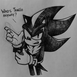 Size: 540x540 | Tagged: safe, artist:demonhedgehog, shadow the hedgehog, 2018, ask response, black and white, dialogue, english text, implied tangle, looking at viewer, monochrome, mouth open, solo, talking, talking to viewer, text, traditional media