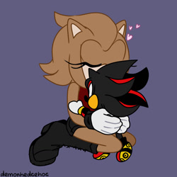 Size: 1280x1280 | Tagged: safe, artist:demonhedgehog, shadow the hedgehog, oc, oc:nataly the hedgehog, hedgehog, 2018, boots, chibi, duo, eyes closed, flat colors, gloves, heart, hugging, kneeling, purple background, signature, simple background, treads