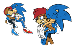 Size: 1280x822 | Tagged: safe, artist:tvict101, sally acorn, sonic the hedgehog, chipmunk, hedgehog, 2021, bruise, carrying them, duo, female, injured, male, sally x sonic, sally's ringblader outfit, shipping, simple background, sitting, straight, tears, transparent background, wound