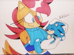 Size: 1280x960 | Tagged: safe, artist:tvict101, sally acorn, sonic the hedgehog, chipmunk, hedgehog, 2021, carrying them, duo, female, happy, macro, male, petting, sally x sonic, sally's ringblader outfit, shipping, simple background, sitting, size difference, smile, straight, traditional media, white background