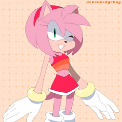 Size: 1200x1200 | Tagged: safe, artist:demonhedgehog, amy rose, 2017, alternate outfit, belly button, crop top, gloves, looking offscreen, midriff, signature, skirt, smile, solo, standing, wink