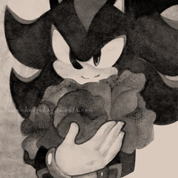 Size: 1280x1280 | Tagged: safe, artist:demonhedgehog, shadow the hedgehog, hedgehog, 2017, bouquet, flower, grey background, greyscale, holding something, looking offscreen, male, monochrome, shadowbetes, signature, smile, solo