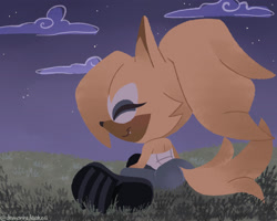 Size: 2048x1638 | Tagged: safe, artist:demonhedgehog, whisper the wolf, wolf, 2021, clouds, cute, eyes closed, female, grass, nighttime, no outlines, one fang, outdoors, signature, sitting, smile, solo, star (sky), treads, whispabetes