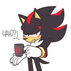 Size: 1280x1280 | Tagged: safe, artist:demonhedgehog, shadow the hedgehog, 2019, blushing, dialogue, holding something, lidded eyes, looking at viewer, mug, russian text, shadow is not amused, shadow's logo, simple background, solo, standing, sweatdrop, talking, talking to viewer, tea, text, transparent background, unamused