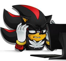 Size: 1280x1183 | Tagged: safe, artist:demonhedgehog, shadow the hedgehog, 2018, clenched teeth, computer, frown, looking at something, reaction image, shadow is not amused, simple background, solo, unamused, white background