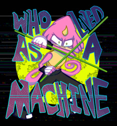 Size: 605x650 | Tagged: safe, artist:jenzel, 2022, abstract background, chameleon, english text, holding something, liza the chameleon, looking at viewer, shrunken pupils, solo, standing, text, weapon