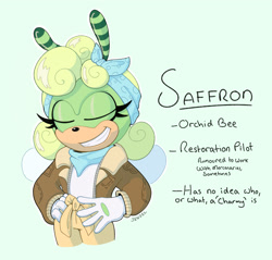 Size: 1974x1884 | Tagged: safe, artist:jenzel, saffron bee, bee, 2023, alternate hairstyle, alternate outfit, alternate universe, aviator jacket, bandana, character name, clenched teeth, clothes, confident, english text, eyes closed, gloves, green background, hands on hips, headscarf, jacket, orchid bee, pants, redesign, shirt, signature, simple background, smile, solo, standing, text
