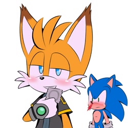 Size: 800x800 | Tagged: dead source, suggestive, artist:jhoycookie, miles "tails" prower, nine, sonic the hedgehog, 2025, bleeding, blood, blushing, condom, gay, holding something, lidded eyes, nine x sonic, nosebleed, shipping, simple background, smile, sonic x tails, standing, white background