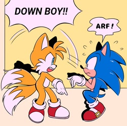 Size: 800x791 | Tagged: safe, artist:jhoycookie, miles "tails" prower, sonic the hedgehog, 2025, dialogue, down boy, duo, english text, frown, gay, looking at each other, meme, pointing, shipping, sonic x tails, speech bubble, text