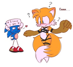 Size: 800x736 | Tagged: suggestive, artist:jhoycookie, miles "tails" prower, sonic the hedgehog, 2025, :3, confused, dialogue, duo, english text, gay, heart, holding something, question mark, shipping, sign, simple background, sonic x tails, standing, stick figure, text, wagging tail, white background