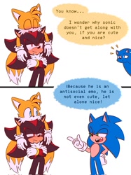 Size: 800x1067 | Tagged: safe, artist:jhoycookie, miles "tails" prower, shadow the hedgehog, sonic the hedgehog, 2025, arms folded, blushing, dialogue, english text, frown, jealously, looking at each other, on head, shadow x tails, shipping, simple background, smile, sonic the douchehog, sonic x tails, speech bubble, standing, talking, text, trio, white background