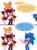 Size: 800x1067 | Tagged: safe, artist:jhoycookie, miles "tails" prower, shadow the hedgehog, sonic the hedgehog, fox, hedgehog, 2025, arms folded, blushing, dialogue, english text, frown, jealousy, looking at each other, male, on head, shadow x tails, shipping, simple background, smile, sonic the douchehog, sonic x tails, speech bubble, standing, talking, text, trio, white background