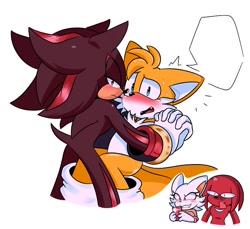 Size: 800x734 | Tagged: safe, artist:jhoycookie, knuckles the echidna, miles "tails" prower, rouge the bat, shadow the hedgehog, 2025, blank speech bubble, blushing, duo focus, embarrassed, fangs, gay, group, holding hands, phone, shadow x tails, shipping, speech bubble, sweatdrop