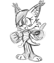 Size: 989x1167 | Tagged: safe, artist:wildwildtjs, nicole the hololynx, 2026, line art, looking offscreen, monochrome, mouth open, open smile, simple background, sketch, smile, solo, standing, white background