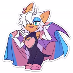 Size: 2048x2048 | Tagged: suggestive, artist:nikkikaji, rouge the bat, flag, flat colors, gender swap, holding something, looking at viewer, pride, pride flag, simple background, smile, solo, standing, trans pride, trans visibility day, white background